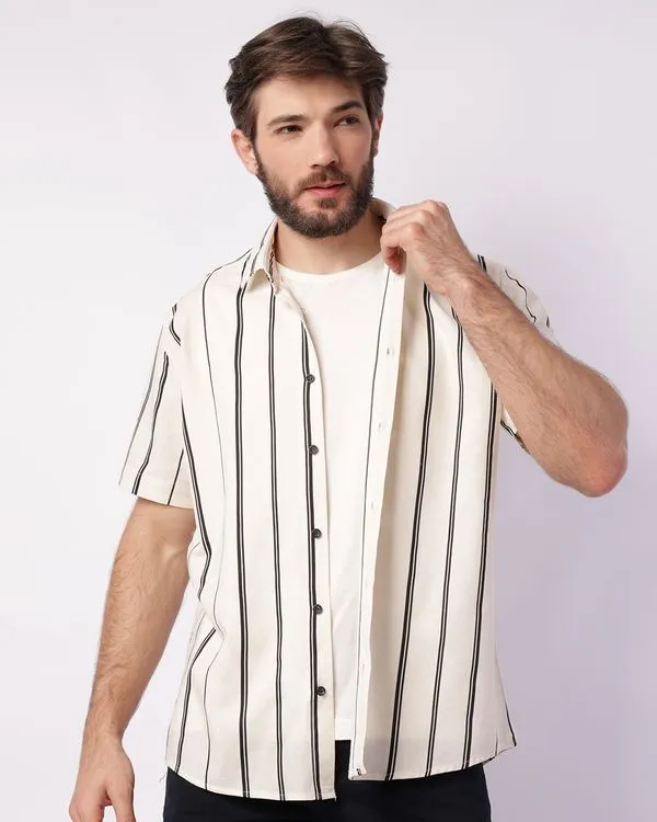 Camisa Masculina Manga Curta Viscolinho Listrada Off White 3