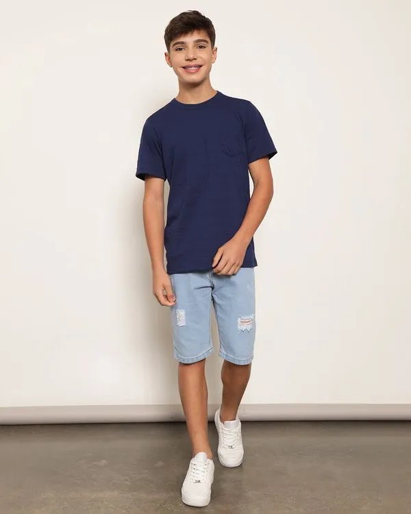 Bermuda Jeans Juvenil Com Puídos Destroyed Azul 14