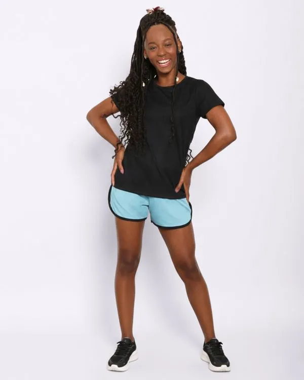 Short Fitness Feminino Boxe Fitter Recorte Telado Bolso Azul GG