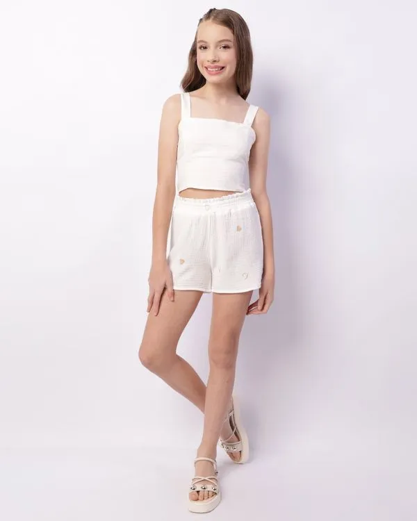 Short Juvenil Curto Algodão Texturizado Bordado Off White 12