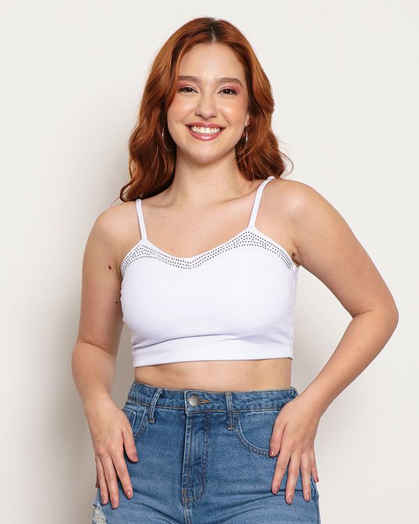 Blusa Feminina Cropped Alcinhas Com Recorte em Briho Branca P