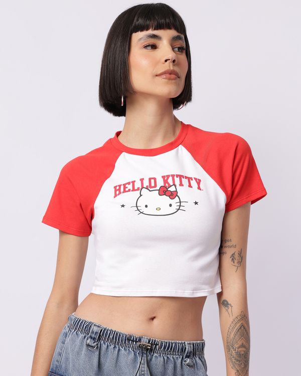 Camiseta Feminina Algodão Cropped Hello Kitty Manga Curta Branca G