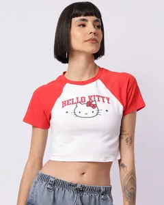 Camiseta Feminina Algodão Cropped Hello Kitty Manga Curta Branca P