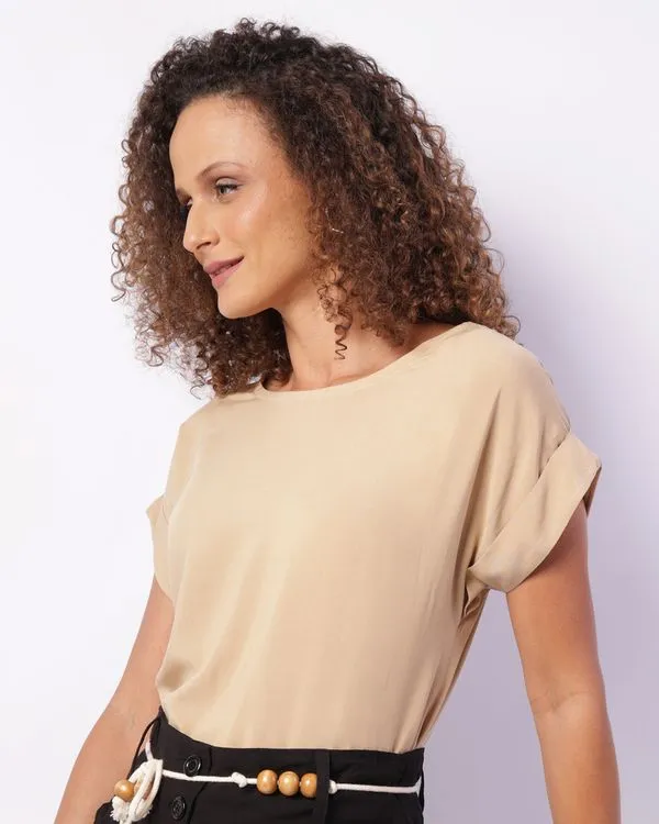 Blusa Feminina Viscose Manga Curta Dobrada Bege M