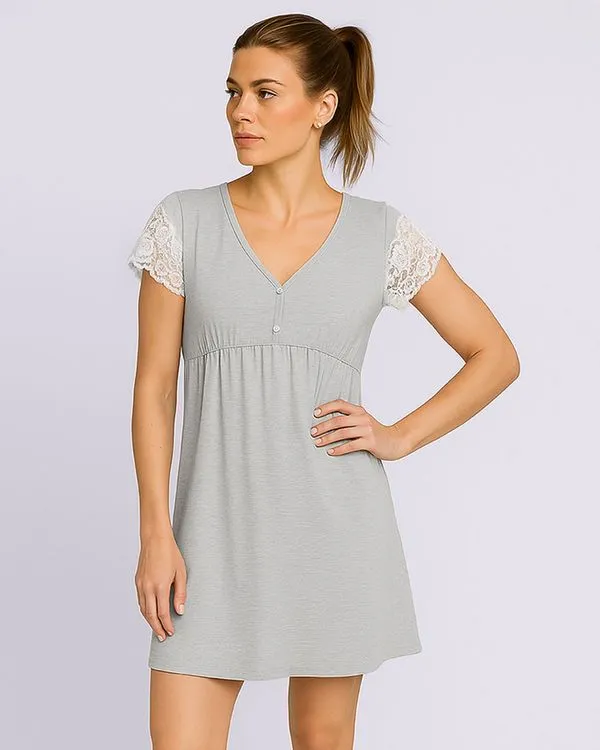 Camisola Feminina Curta Renda com Botões Cinza P