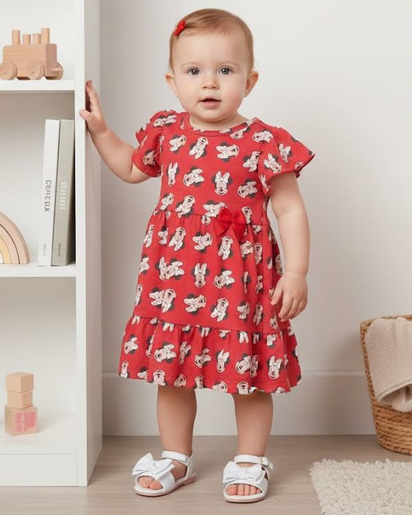 Vestido Bebê Curto Algodão Disney Minnie Estampado Vermelho G