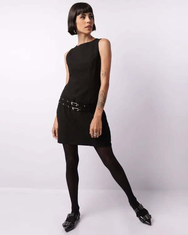 Vestido Feminino Viscose Cinto Com Fivelas Preto GG