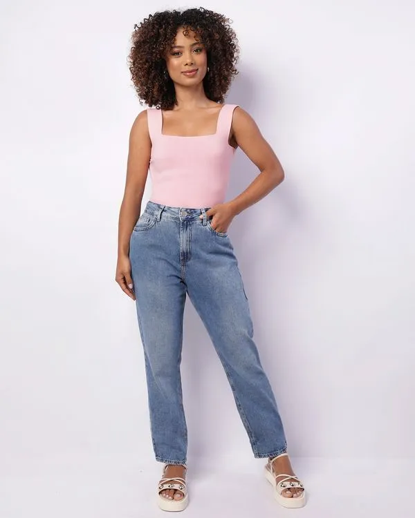 Calça Jeans Feminina Mom Com Bolsos Azul 42