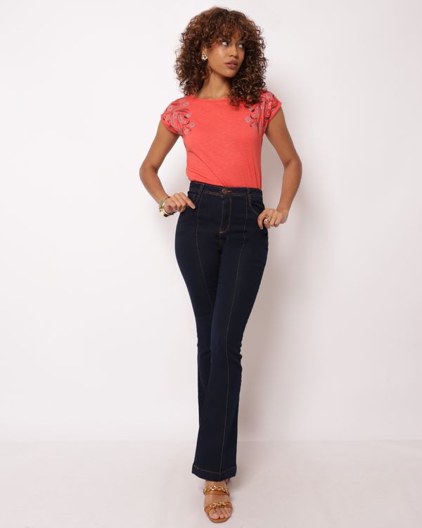 Calça Jeans Feminina Bootcut Frisos Azul 44