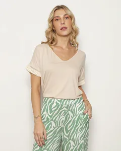 Blusa Feminino Manga Franjinha Viscose Bege G