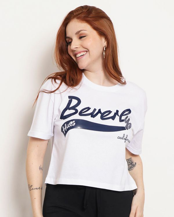 Blusa Feminina Cropped Manga Curta Estampa Frontal Branca M