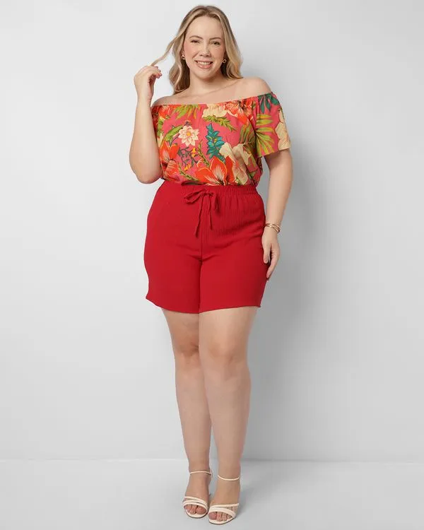Short Plus Size Feminino Curto Texturizado Vermelho G3
