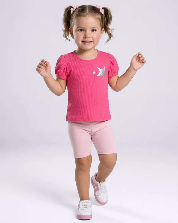 Blusa Bebê Manga Curta Canelada Com Aplicação Rosa 2