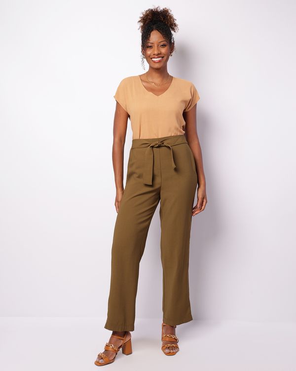 Calça Feminina Reta Berry & Co. Viscose Amarração Verde P
