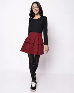 Saia Juvenil Algodão Xadrez com Babado Vermelho 16