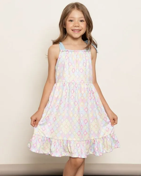 Vestido Infantil Alça De Amarração Com Babado Estampado Lilás 8