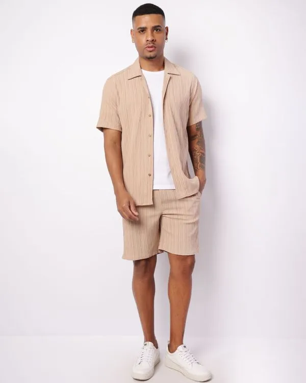 Short Masculino Reto Viscose Plissada Bege P