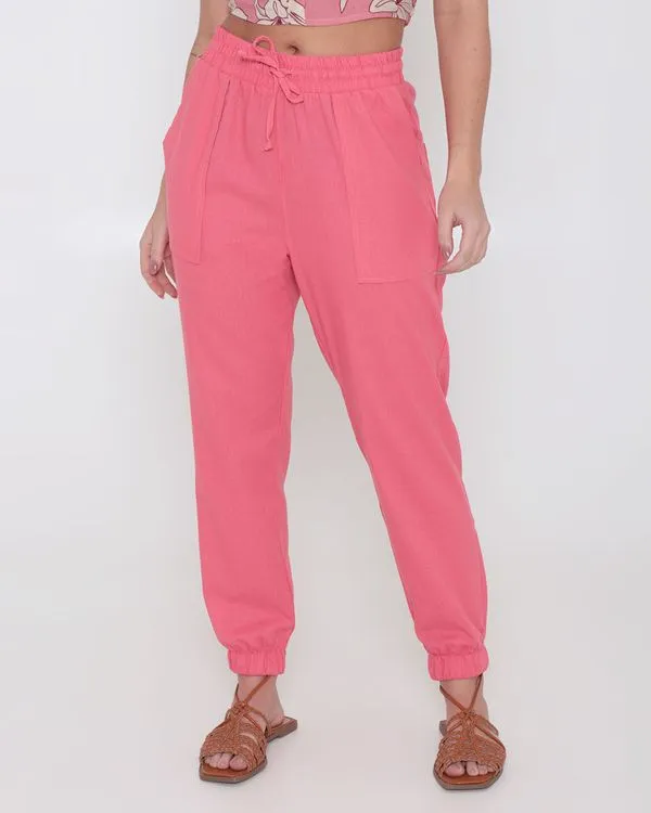 Calça Jogger Feminina Linho Lisa Rosa Claro 36