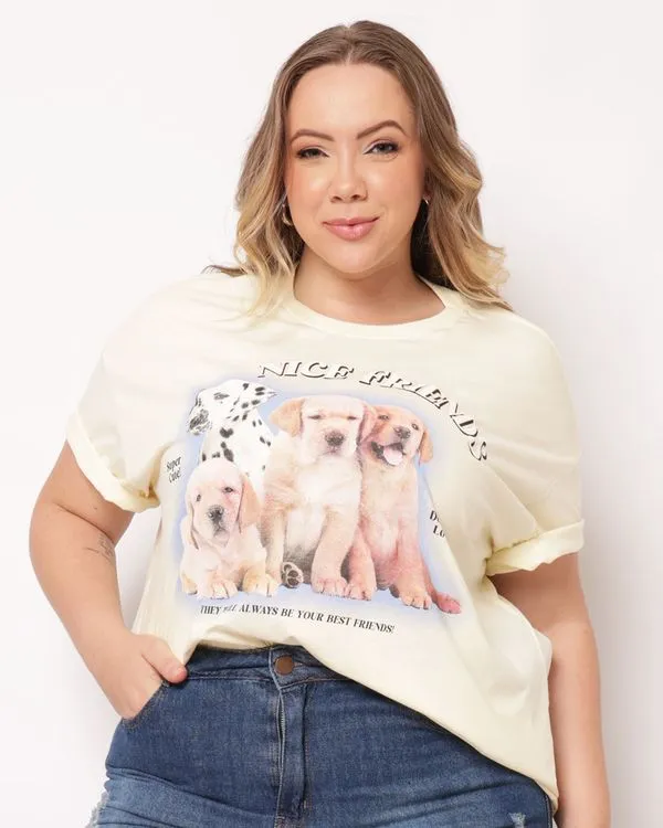 Camiseta Plus Size Feminina Algodão Estampa Cachorros Amarela G3