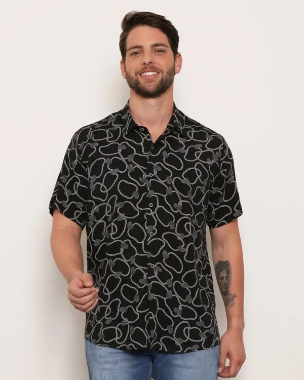 Camisa Masculina Casual Viscose Estampada Caju Preta 4