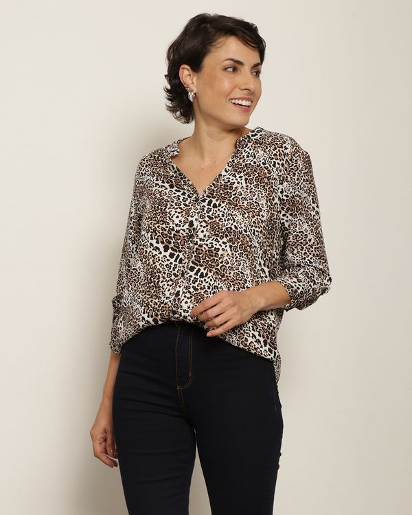 Camisa Feminina Berry & Co. Viscose Estampada Bege M