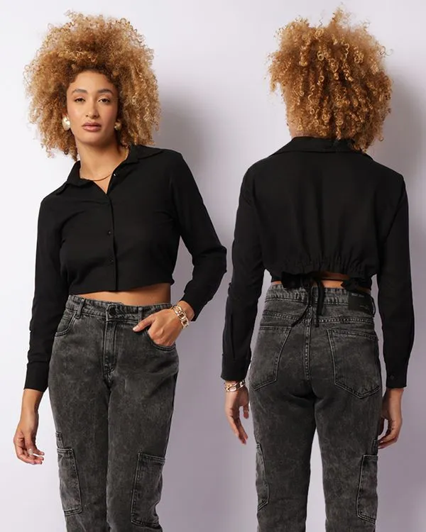 Camisa Feminina Cropped Viscolinho Cordão De Ajuste Preta G