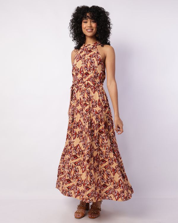 Vestido Feminino Longo Viscose Berry & Co. Estampado Laranja M