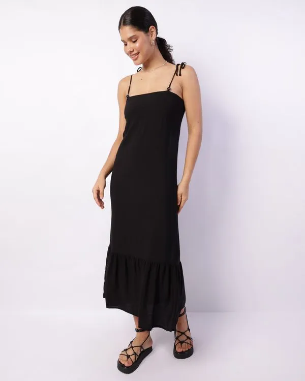 Vestido Feminino Midi Berry & Co. Viscose Alcinha Lastex Preto GG