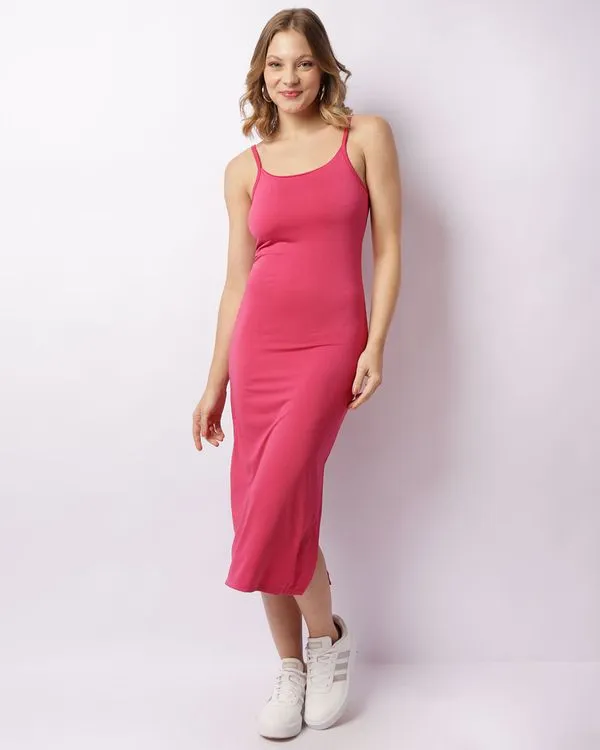 Vestido Feminino Suplex Midi Com Fenda Rosa P