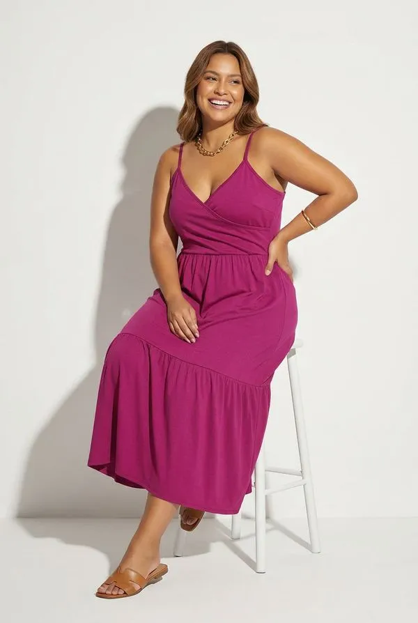 Vestido Midi em Helanca com Decote Transpassado E Babado Pink G