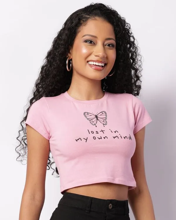 Blusa Feminina Cropped Estampa Borboleta Rosa P