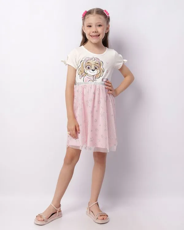 Vestido Infantil Curto Skye Patrulha Canina Com Tule E Glitter Rosa 4
