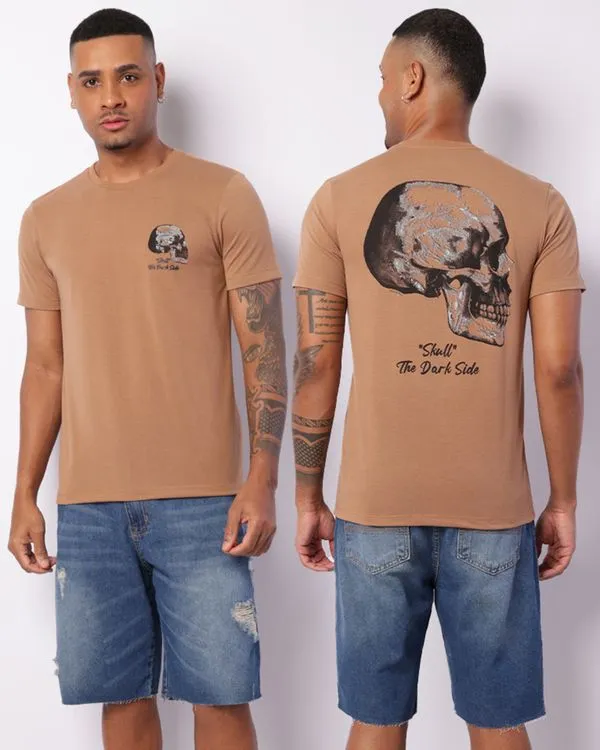 Camiseta Masculina Manga Curta Estampa Crânio Marrom G