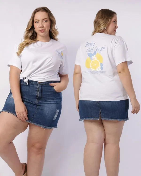 Camiseta Plus Size Feminina Algodão Estampa Frente Costas Branca G1