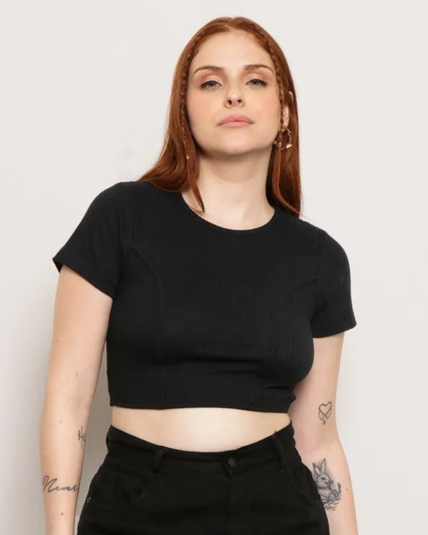 Blusa Feminina Cropped Manga Curta Canelada Preta M