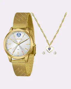 Kit Relógio Feminino Analógico Lince com Colar e Brincos Dourado UN