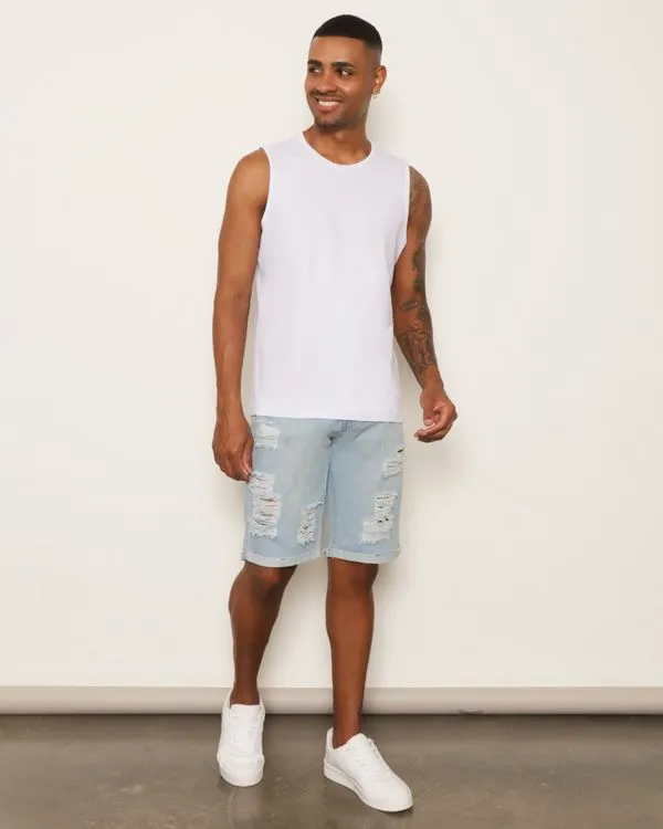 Bermuda Jeans Masculina Destroyed Barra Dobrada Azul 46