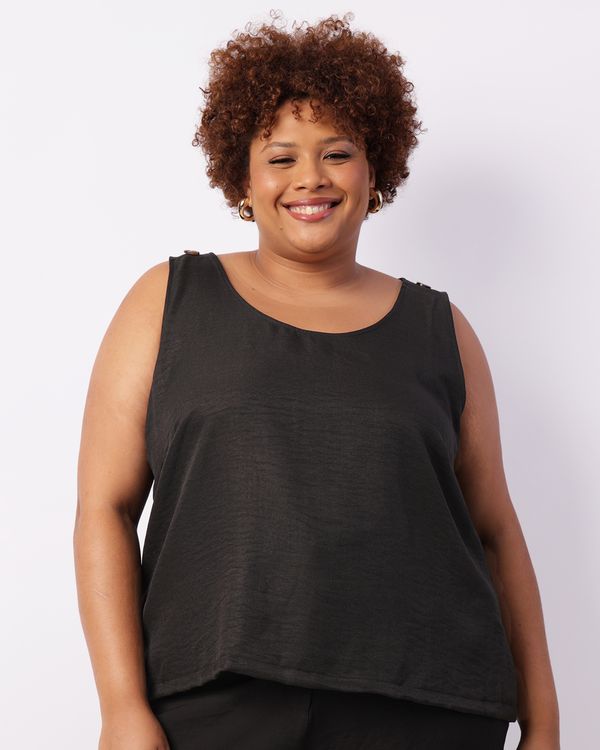 Regata Plus Size Feminina Berry & Co. Botão Decorativo Preta G3