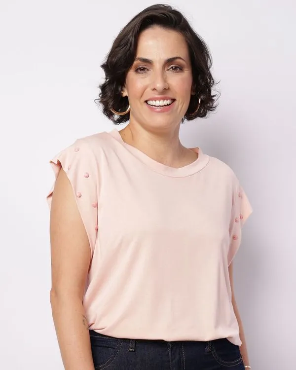 Blusa Feminina Manga Curta Botões Decorativos Rosa M