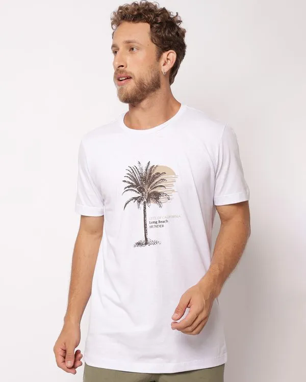 Camiseta Masculina Algodão Surf Estampa Coqueiro Manga Curta Branca M