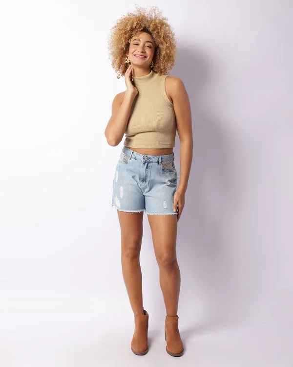 Short Jeans Feminino Curto Destroyed Aplicação Paetê Azul 44