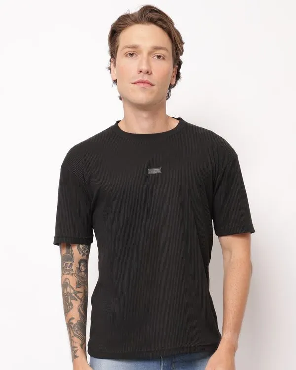 Camiseta Masculina Canelada Aplique Frontal Manga Curta Preta M