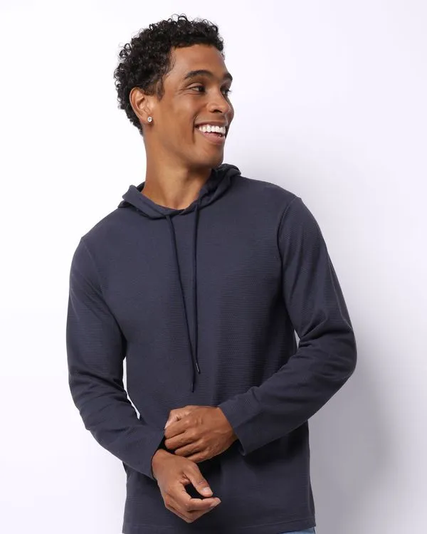 Camiseta Masculina Manga Longa Texturizada com Capuz Marinho P