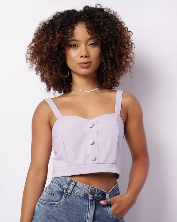 Blusa Feminina Cropped Alcinha Botões Recortes Lilás G