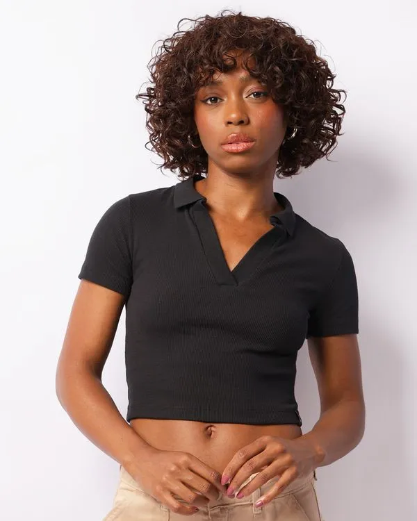 Blusa Feminina Cropped Canelada Manga Curta Preta M