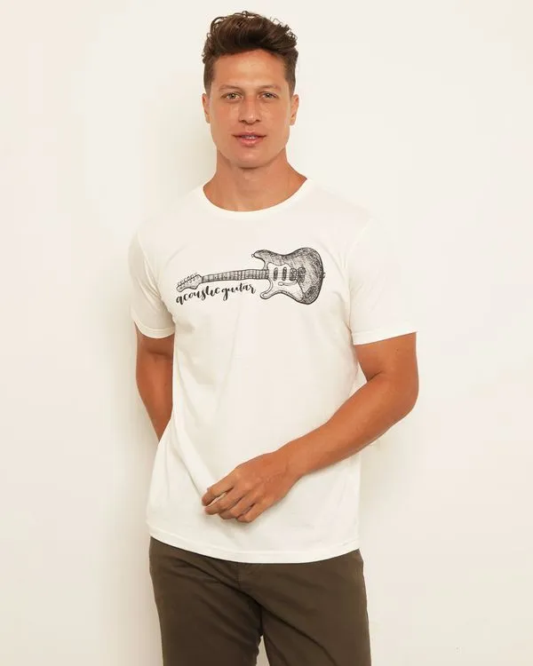 Camiseta Masculina Estampa Guitarra Manga Curta Off White P