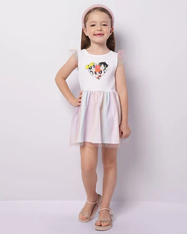 Vestido Infantil As Meninas Superpoderosas com Glitter Branco 4