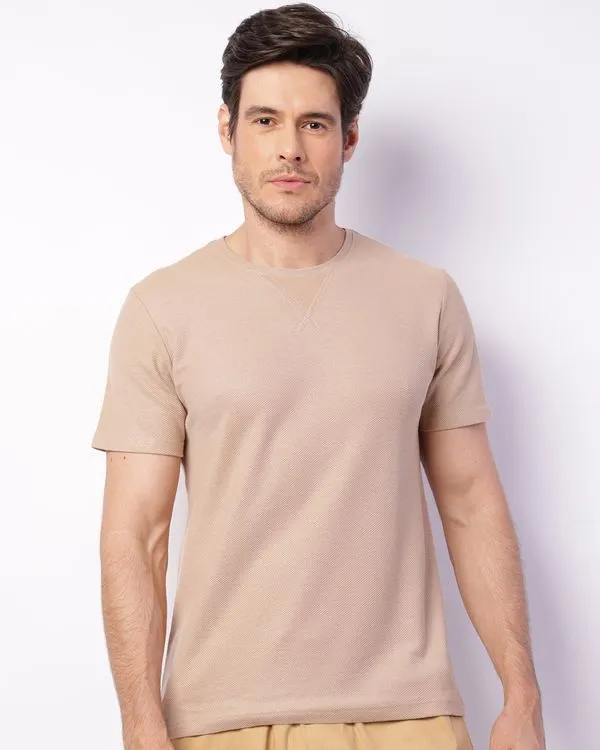 Camiseta Masculina Manga Curta Texturizada Recorte Bege G