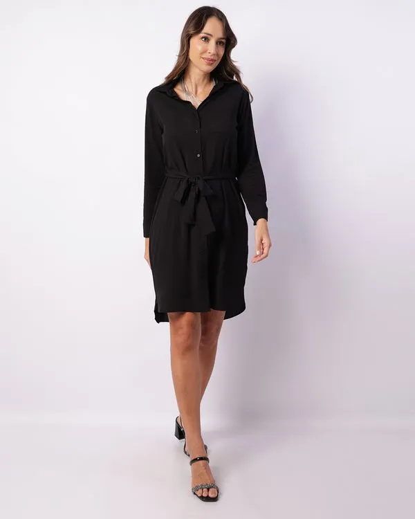 Vestido Chemise Feminino Midi Manga Longa Berry & Co. Preto GG