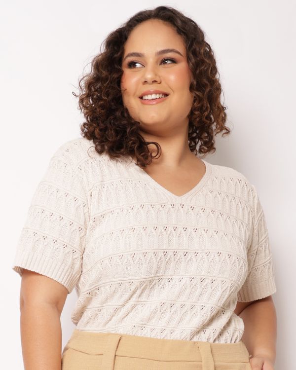 Blusa Plus Size Feminina Tricô Manga Curta Bege G3